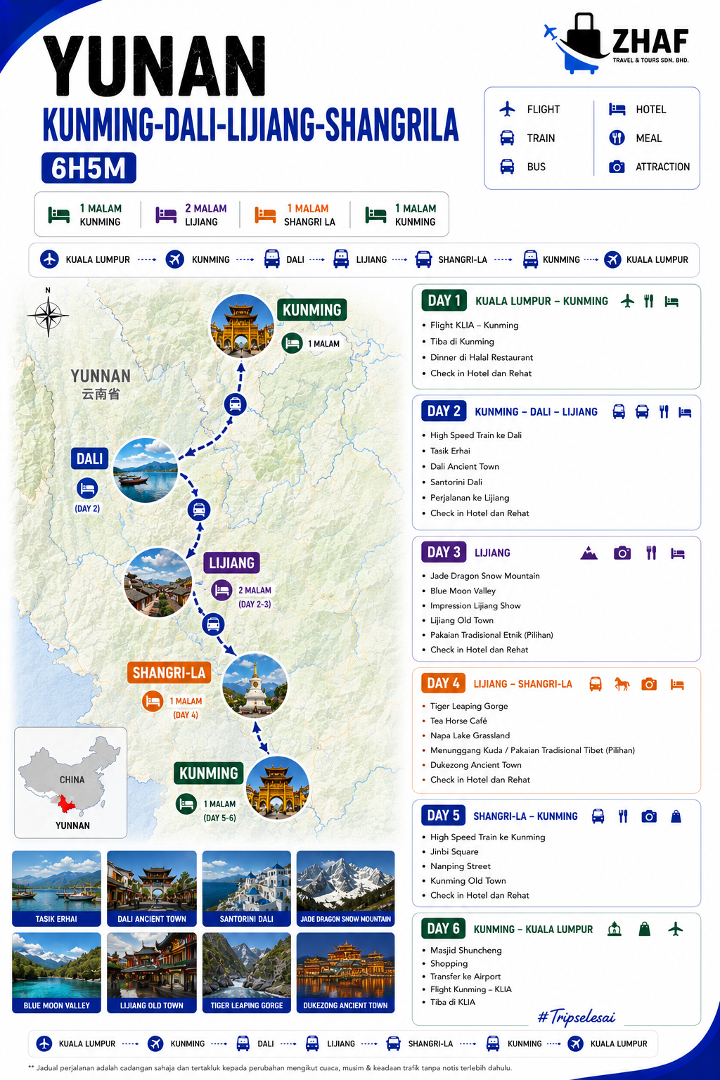 Peta perjalanan YUNNAN 6H5M